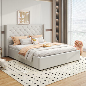 Veronica Bed Frame King Size Winged Grey Linen Fabric Seam Grid Pattern with gas lift plywood metal structure - Image 1