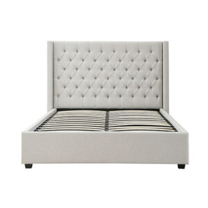 Veronica Bed Frame King Size Winged Grey Linen Fabric Seam Grid Pattern with gas lift plywood metal structure - Image 3