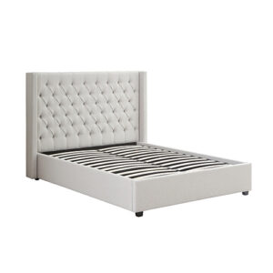 Veronica Bed Frame King Size Winged Grey Linen Fabric Seam Grid Pattern with gas lift plywood metal structure - Image 4