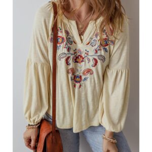 Apricot Paisley Floral Embroidered Notch V Neck Blouse - M - Image 1