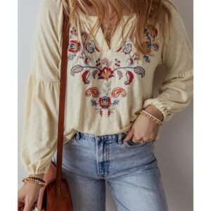 Apricot Paisley Floral Embroidered Notch V Neck Blouse - M - Image 2