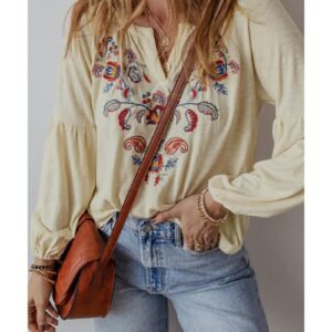 Apricot Paisley Floral Embroidered Notch V Neck Blouse - M - Image 3
