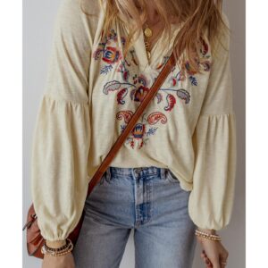 Apricot Paisley Floral Embroidered Notch V Neck Blouse - M - Image 5