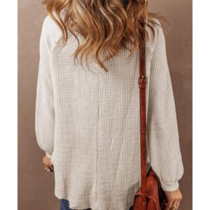 Oatmeal Waffle Knit Buttoned Front Raglan Sleeve Loose Blouse - L - Image 2