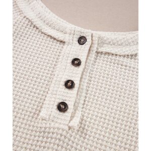 Oatmeal Waffle Knit Buttoned Front Raglan Sleeve Loose Blouse - L - Image 3