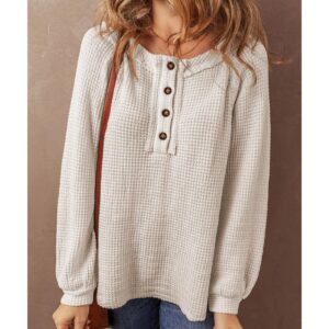 Oatmeal Waffle Knit Buttoned Front Raglan Sleeve Loose Blouse - L - Image 6