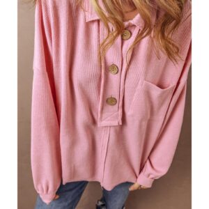 Pink Ribbed Knit Collared Henley Top with Chest Pocket - S - Image 1