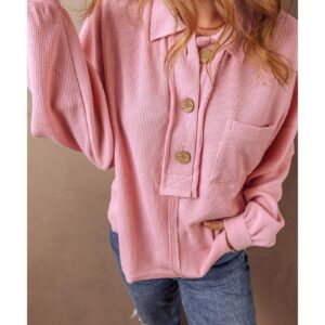 Pink Ribbed Knit Collared Henley Top with Chest Pocket - S - Image 2