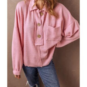 Pink Ribbed Knit Collared Henley Top with Chest Pocket - S - Image 3