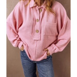 Pink Ribbed Knit Collared Henley Top with Chest Pocket - S - Image 4