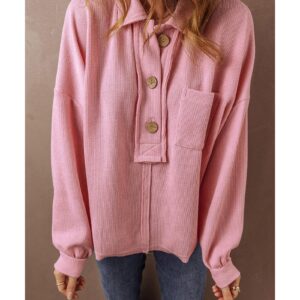 Pink Ribbed Knit Collared Henley Top with Chest Pocket - S - Image 5