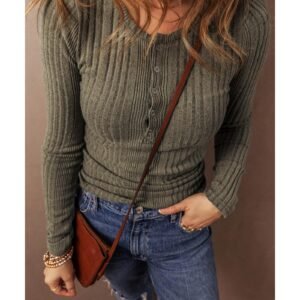 Jungle Green Ribbed Knit Half Button Slim Fit Blouse - M - Image 1