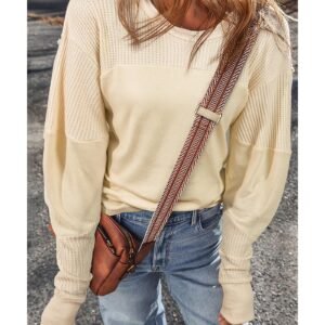 Beige Thermal Knit Patchwork Exposed Seam Long Sleeve Top - M - Image 1