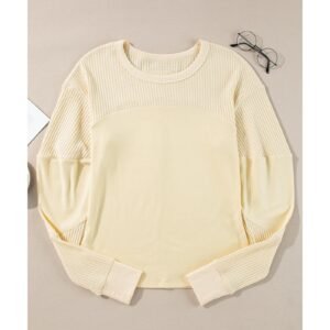 Beige Thermal Knit Patchwork Exposed Seam Long Sleeve Top - M - Image 6