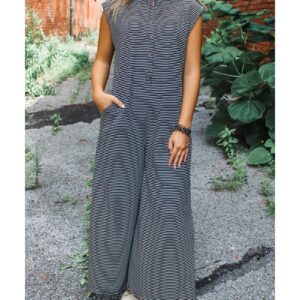 Black white Striped Print Buttoned Wide Leg Sleeveless Jumpsuit - L - Image 5