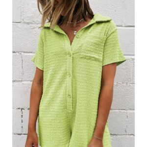 Meadow Mist Green Textured Short Sleeve Patched Pocket Buttoned Shirt Romper - L - Image 2