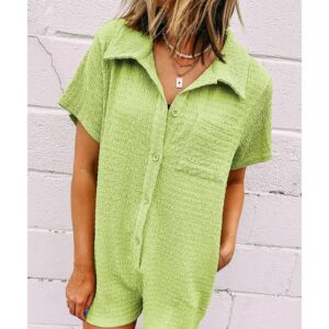 Meadow Mist Green Textured Short Sleeve Patched Pocket Buttoned Shirt Romper - L - Image 3