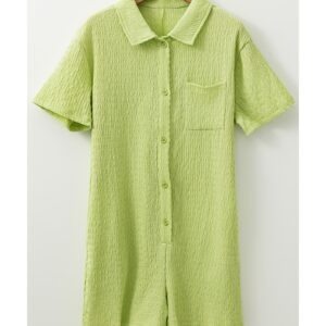 Meadow Mist Green Textured Short Sleeve Patched Pocket Buttoned Shirt Romper - L - Image 4