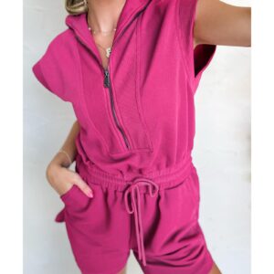 Rose Red Textured Short Sleeve Half Zip Drawstring Waist Romper - L - Image 1