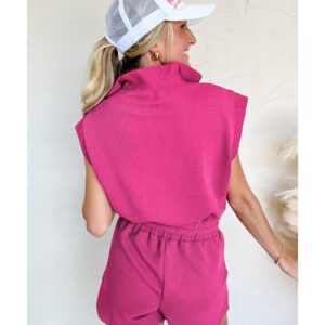 Rose Red Textured Short Sleeve Half Zip Drawstring Waist Romper - L - Image 2
