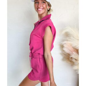 Rose Red Textured Short Sleeve Half Zip Drawstring Waist Romper - L - Image 3