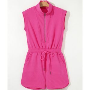 Rose Red Textured Short Sleeve Half Zip Drawstring Waist Romper - L - Image 5