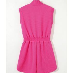 Rose Red Textured Short Sleeve Half Zip Drawstring Waist Romper - L - Image 6