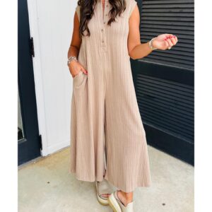 Smoke Gray Textured Buttoned Wide Leg Sleeveless Jumpsuit - L - Image 2