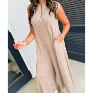 Smoke Gray Textured Buttoned Wide Leg Sleeveless Jumpsuit - L - Image 3