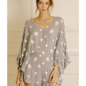 Gray Star Print Crinkle Textured Kimono Ruffle Sleeve Romper - L - Image 3