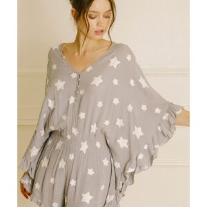 Gray Star Print Crinkle Textured Kimono Ruffle Sleeve Romper - L - Image 5