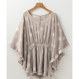 Gray Star Print Crinkle Textured Kimono Ruffle Sleeve Romper - L - Image 6