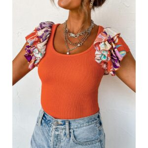 Orange Ribbed Knit Tiered Ruffled Sleeve Bodysuit - L - Image 2
