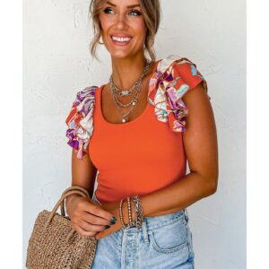 Orange Ribbed Knit Tiered Ruffled Sleeve Bodysuit - L - Image 3