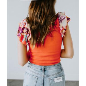 Orange Ribbed Knit Tiered Ruffled Sleeve Bodysuit - L - Image 4