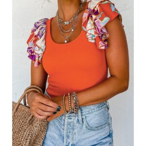 Orange Ribbed Knit Tiered Ruffled Sleeve Bodysuit - L - Image 5