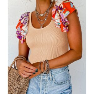 Parchment Ribbed Knit Tiered Ruffled Sleeve Bodysuit - M - Image 2