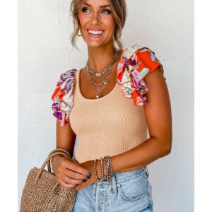 Parchment Ribbed Knit Tiered Ruffled Sleeve Bodysuit - M - Image 3