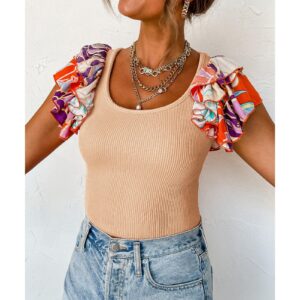 Parchment Ribbed Knit Tiered Ruffled Sleeve Bodysuit - M - Image 5