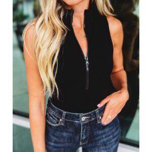 Black Zip up Mock Neck Ribbed Sleeveless Bodysuit - L - Image 3