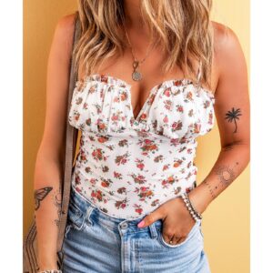 White Floral V Cut Frilled Trim Spaghetti Straps Bodysuit - M - Image 3