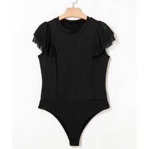 Black Solid Ruffled Mesh Patchwork Sleeve Bodysuit - L - Image 5