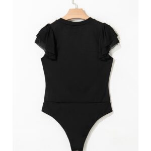 Black Solid Ruffled Mesh Patchwork Sleeve Bodysuit - L - Image 6