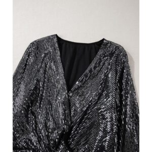 Black Sequin Mesh Long Sleeve Surplice Neck Bodysuit - S - Image 2