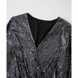 Black Sequin Mesh Long Sleeve Surplice Neck Bodysuit - S - Image 4