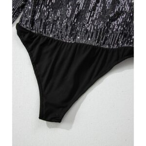 Black Sequin Mesh Long Sleeve Surplice Neck Bodysuit - S - Image 5