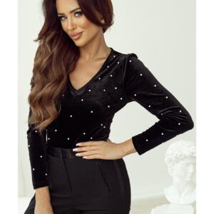Black Velvet Beaded Long Sleeve V Neck Bodysuit - L - Image 2