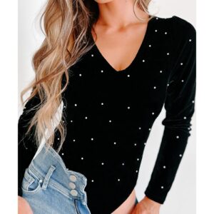 Black Velvet Beaded Long Sleeve V Neck Bodysuit - L - Image 6