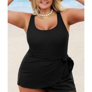 Black Solid Color Square Neck Knotted Plus Size One Piece Swimsuit - 1X - Image 1