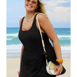 Black Solid Color Square Neck Knotted Plus Size One Piece Swimsuit - 1X - Image 4